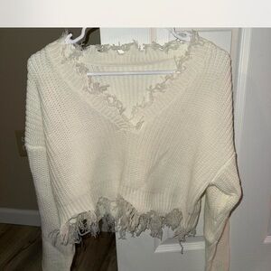 Women's Cream Distressed Sweater